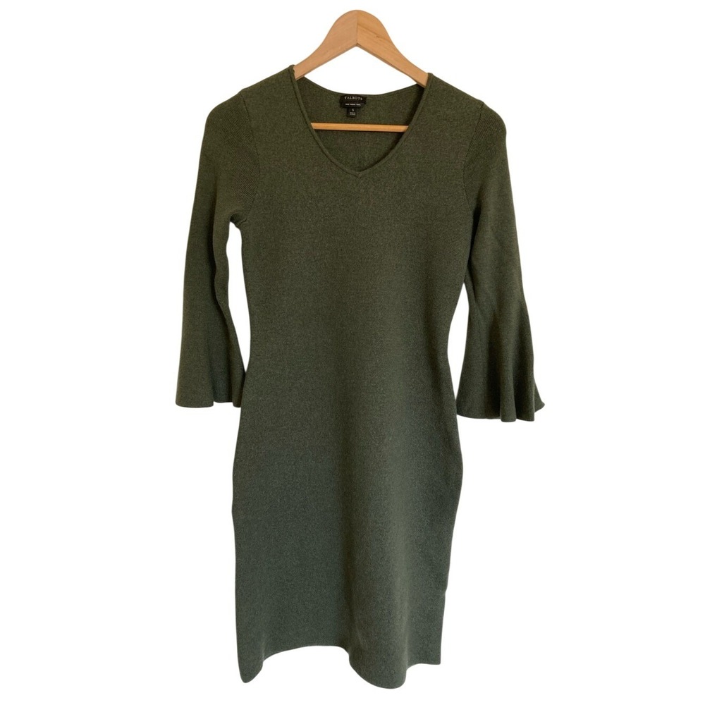 Talbots Womens‎ Merino Wool Green V‑Neck Knit Fitted Dress Size S Bell Sleeves